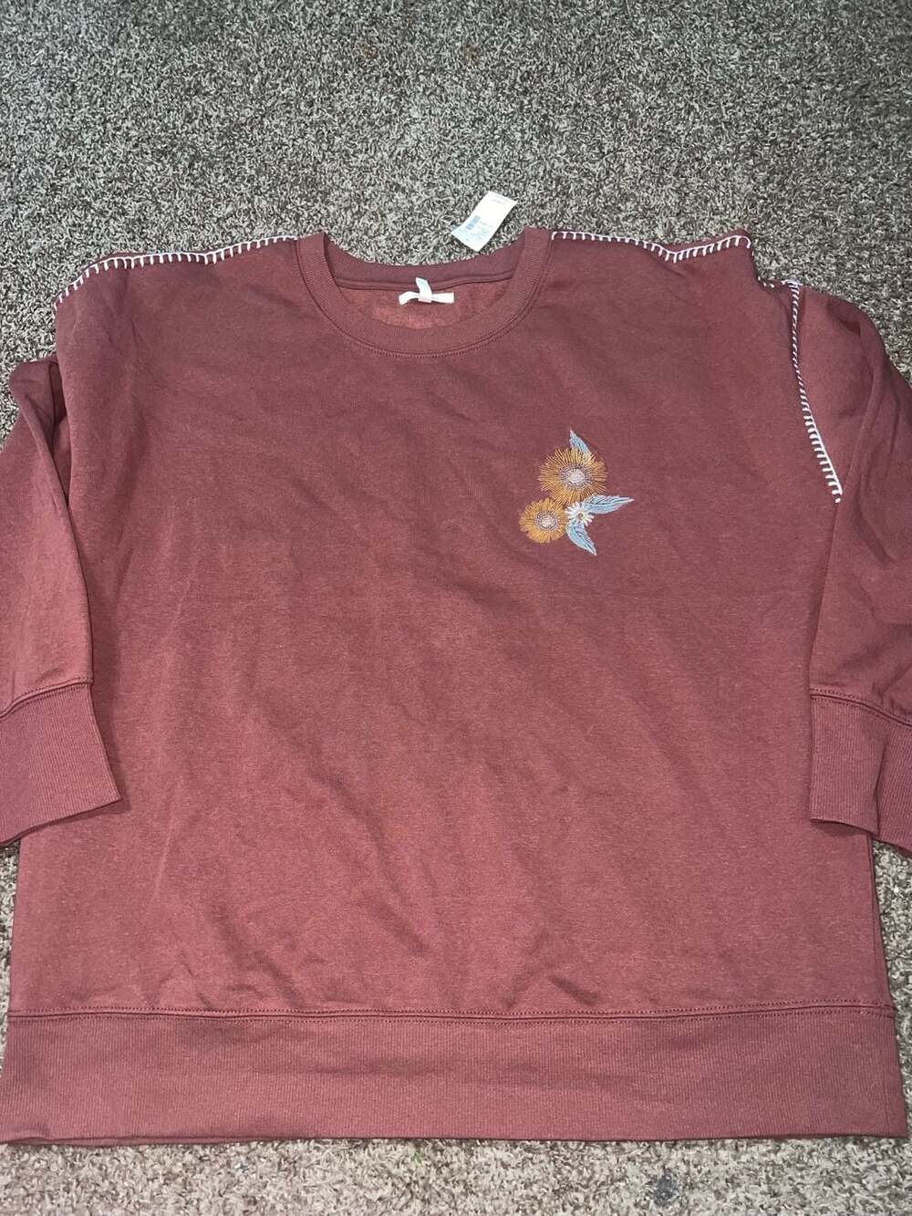 maurices Brown Crewneck Sweatshirt with Floral Embroidery and Whipstitch Detail